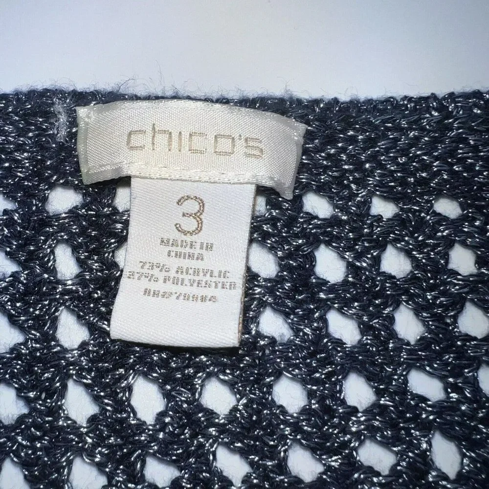 Chicos Womens Sweater Top Size 3 XL Shimmering Dark Blue Crocheted Look Sheer